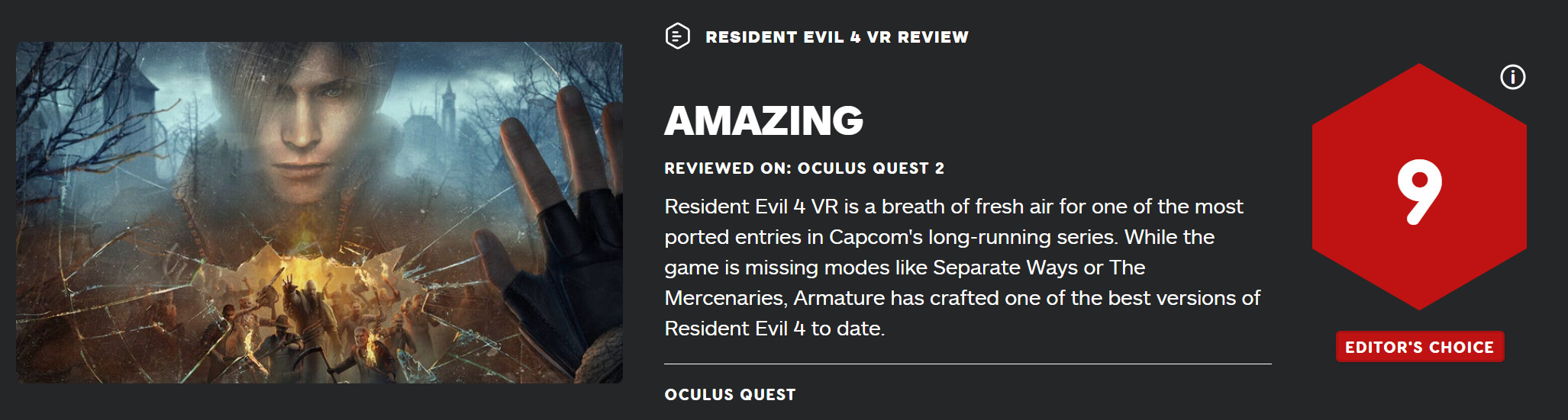 《生化危机4：VR》IGN 9分 迄今最好的版本之一